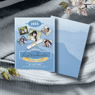 Convites Cinco fotos no Formando Watercolor Blue ID892