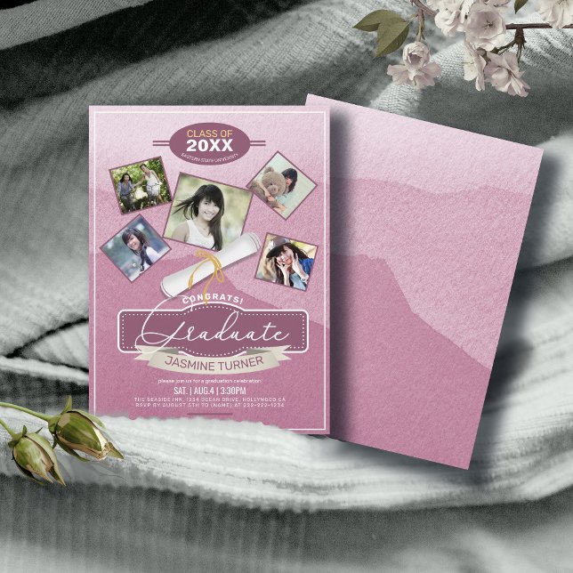 Convites Cinco fotos no Formando Watercolor Pink ID892 (Criador carregado)