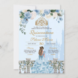 Convites Cinderela Azul com a Princesa Floral Dourada Quinc