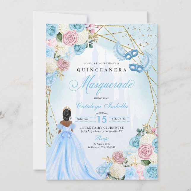 Convites Cinderela Azul Cor-de-Rosa Mascarada Quinceanera (Frente)