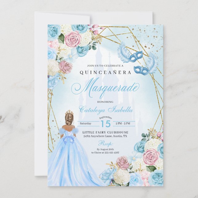 Convites Cinderela Azul Cor-de-Rosa Mascarada Quinceanera (Frente)
