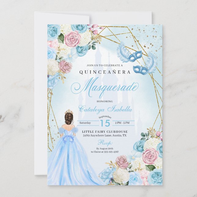 Convites Cinderela Azul Cor-de-Rosa Mascarada Quinceanera (Frente)