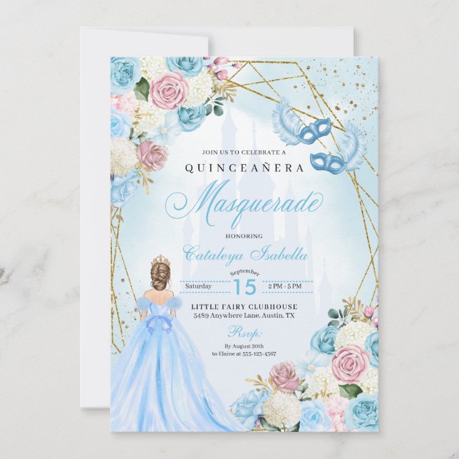 Convites Cinderela Azul Cor-de-Rosa Mascarada Quinceanera (Frente)