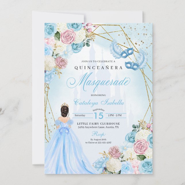 Convites Cinderela Azul Cor-de-Rosa Mascarada Quinceanera (Frente)