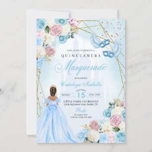 Convites Cinderela Azul Cor-de-Rosa Mascarada Quinceanera