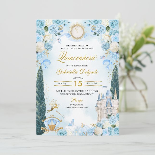 Convites Cinderela Azul e Dourada Princesa Fada Quinceanera (Em pé/Frente)