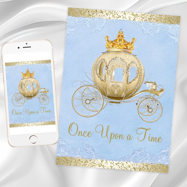 Convites Cinderela Azul Era Uma Vez Na Época Princesa Anive (Cinderella birthday party invitation with gold carriage on a blue and gold background. Any occasion.)