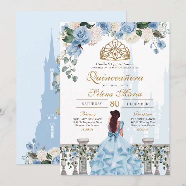 Convites Cinderela Azul Floral Dourada Princesa Quinceanera (Frente/Verso)