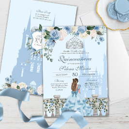 Convites Cinderela Azul Prata Floral Princesa Quinceanera