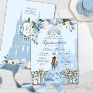Convites Cinderela Azul Prata Floral Princesa Quinceanera