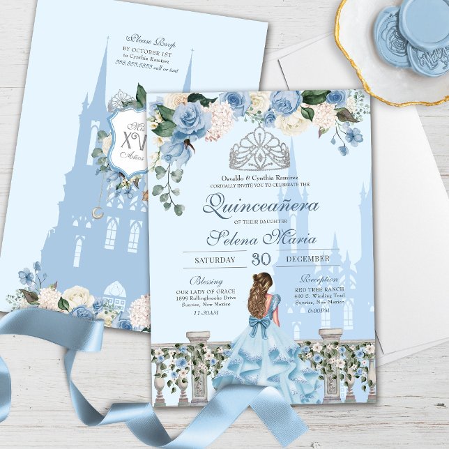 Convites Cinderela Azul Prata Floral Princesa Quinceanera (Criador carregado)