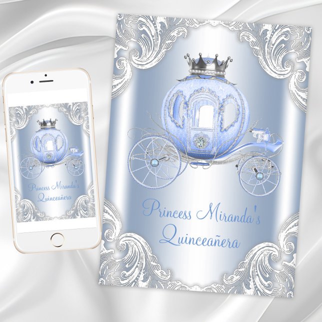 Convites Cinderela Azul Princesa de Quinze Anos Prata (Cinderella princess birthday party invitation. Digital download and printed invitations available.)