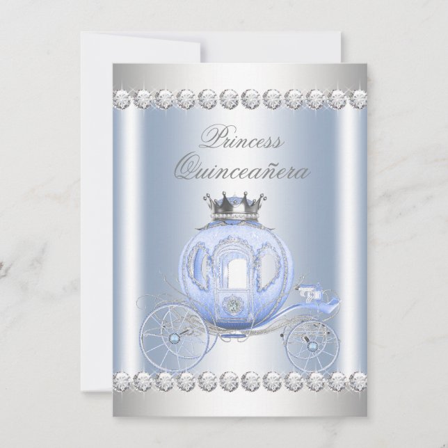 Convites Cinderela Azul Princesa de Quinze Anos Prata (Frente)