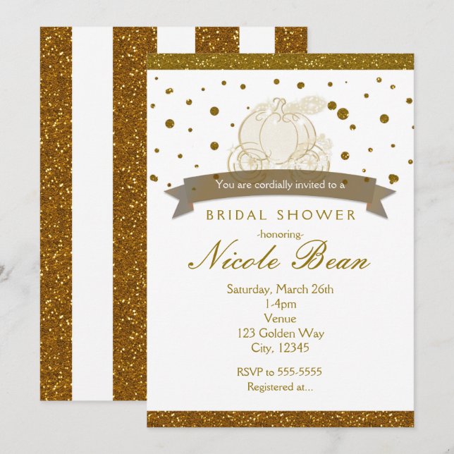 Convites Cinderela Carruagem Pontos Brilhantes Dourados Con (Frente/Verso)