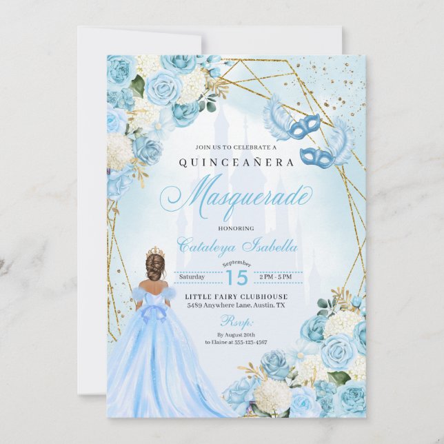Convites Cinderela Mascarada Quinceanera Azul (Frente)