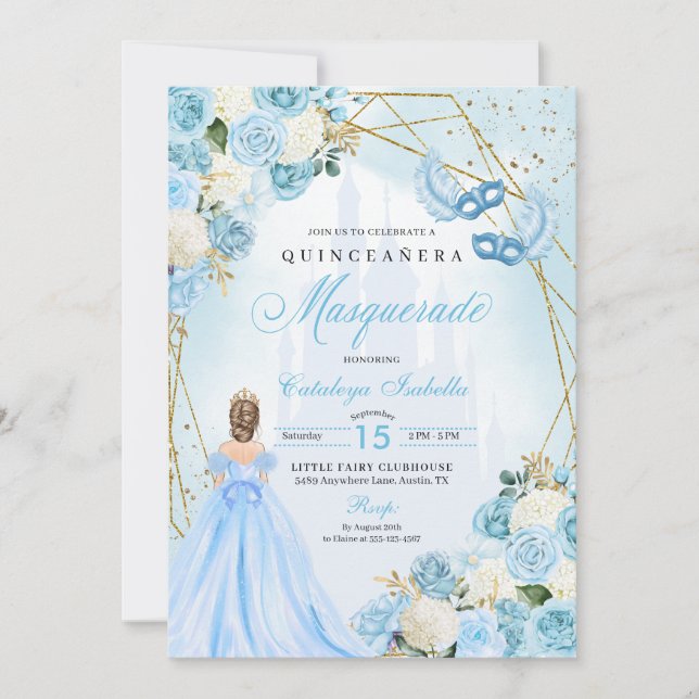 Convites Cinderela Mascarada Quinceanera Azul (Frente)