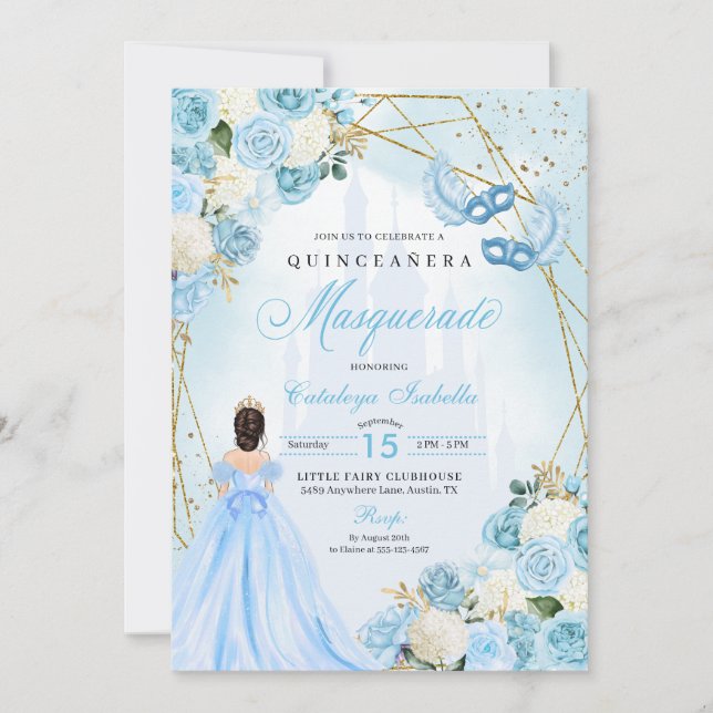 Convites Cinderela Mascarada Quinceanera Azul (Frente)
