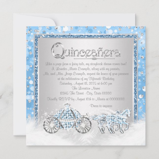 Convites Cinderela Princesa Azul Prata Quinceanera (Frente)