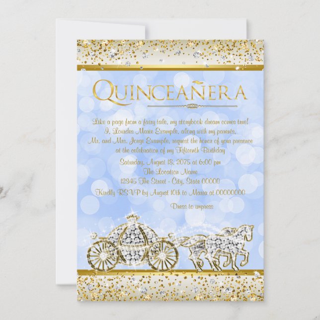 Convites Cinderela Princesa Blue Gold Quinceanera (Frente)