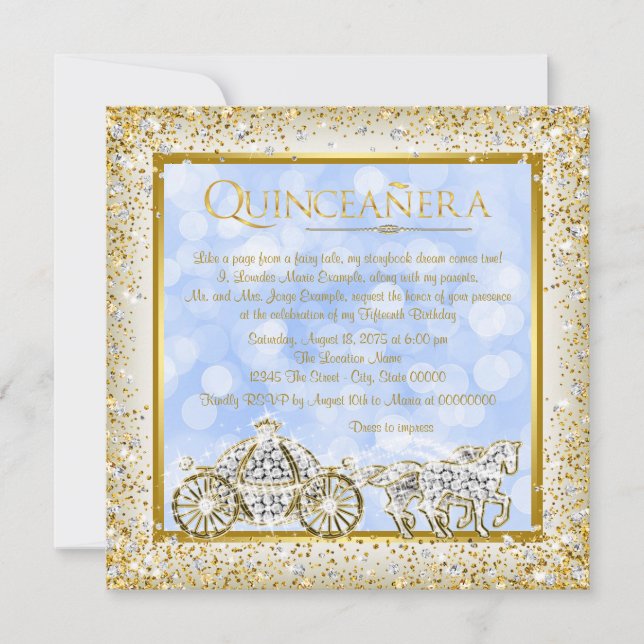 Convites Cinderela Princesa Quinceanera Azul Dourado (Frente)