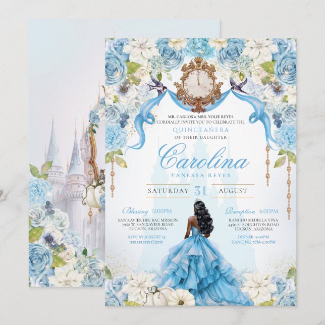 Convites Cinderela Quinceañera Azul, Luxo Dourado Aniversár (Frente/Verso)