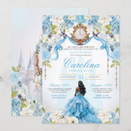 Convites Cinderela Quinceañera Azul, Luxo Dourado Aniversár