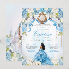 Convites Cinderela Quinceañera Azul, Luxo Dourado Aniversár