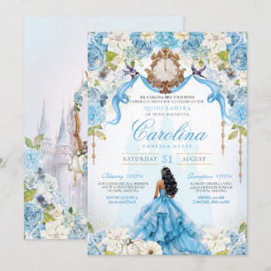Convites Cinderela Quinceañera Azul, Luxo Dourado Aniversár
