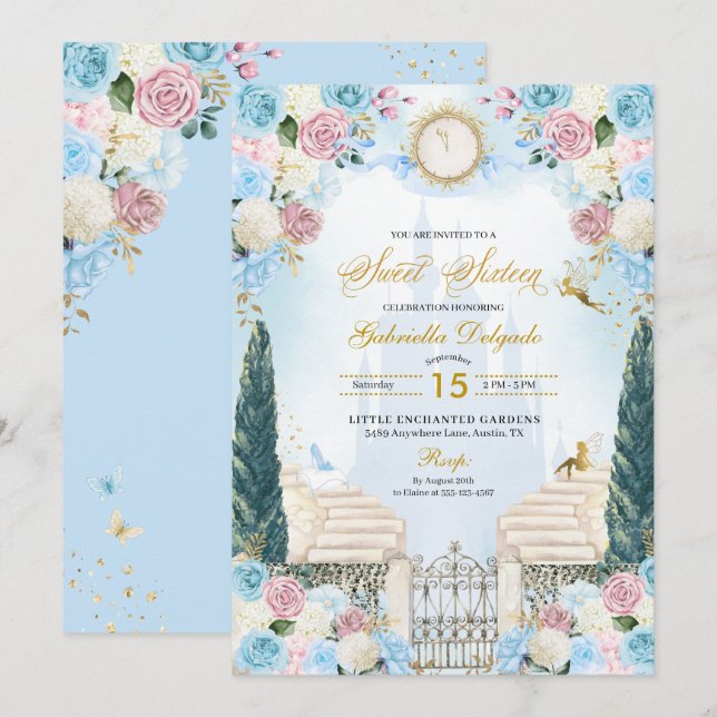 Convites Cinderela Rosa e Azul Princesa Doce Dezesseis (Frente/Verso)