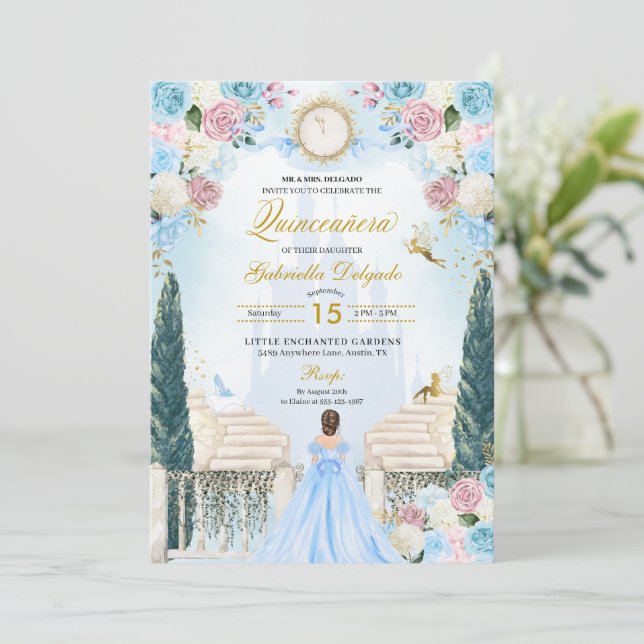 Convites Cinderela Rosa e Azul Princesa Fada Quinceanera (Em pé/Frente)