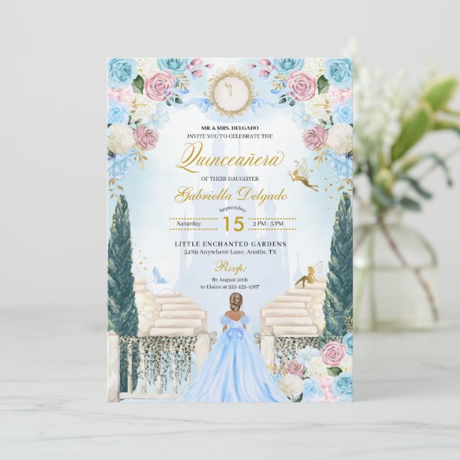 Convites Cinderela Rosa e Azul Princesa Fada Quinceanera (Em pé/Frente)