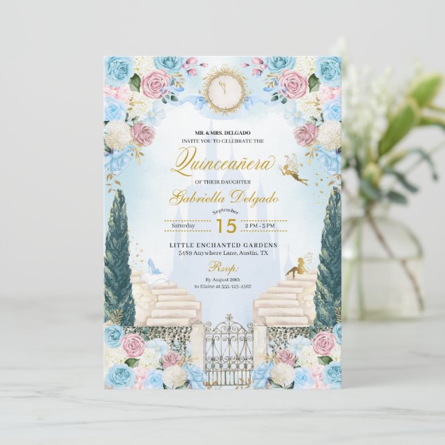 Convites Cinderela Rosa e Azul Princesa Fada Quinceanera (Em pé/Frente)