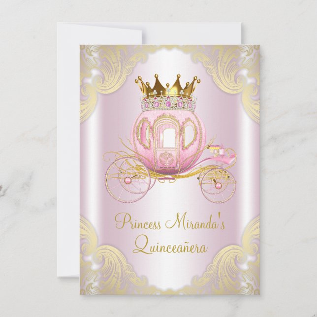 Convites Cinderela Rosa Ouro Princesa Quinceanera (Frente)