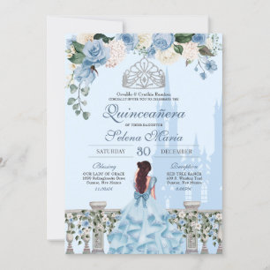 Convites Cinderela Rosas Azuis Prata Princesa Quinceanera