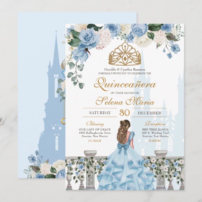 Convites Cinderela Rosas Azul e Princesa Dourada Quinceañer (Frente/Verso)