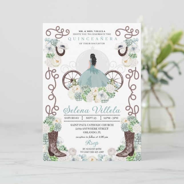Convites Cinderela Verde Carruagem Ocidental Quinceañera (Em pé/Frente)