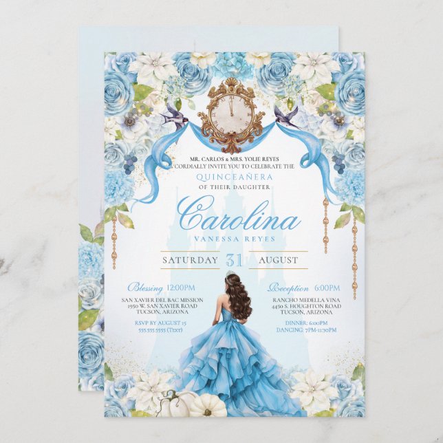 Convites Cinderella Baby Blue Luxury Princesa Quinceanera (Frente/Verso)