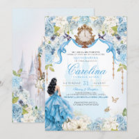Cinderella Blue e Dourada Princesa Quinceanera