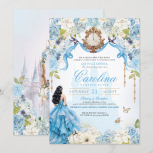 Convites Cinderella Blue e Dourada Princesa Quinceanera