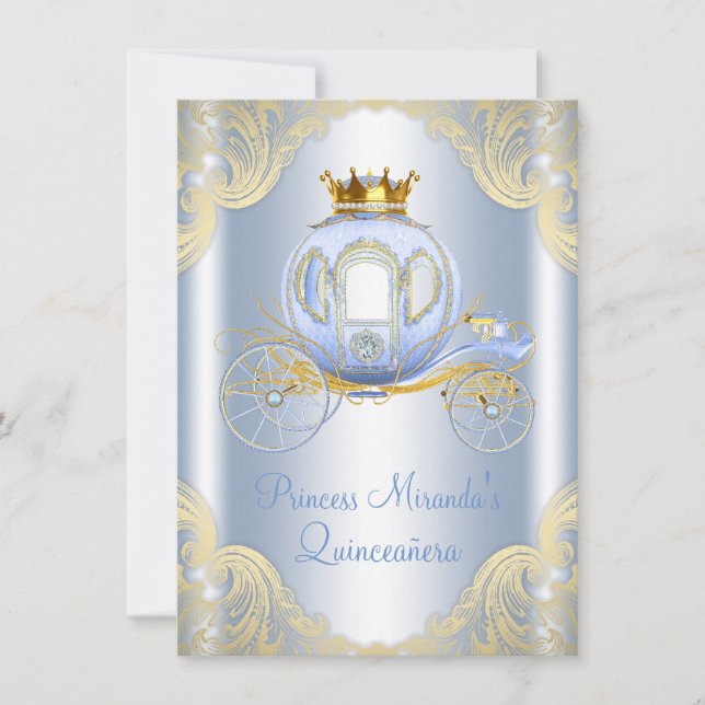 Convites Cinderella Blue Princesa Dourada Quinceanera (Frente)