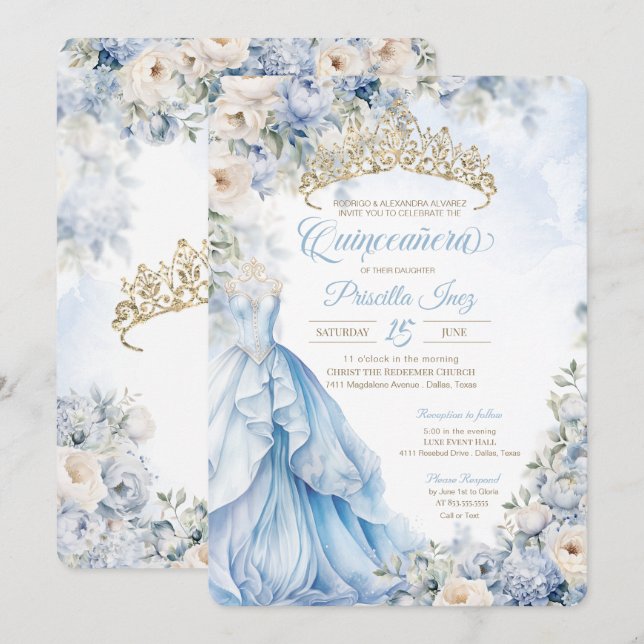 Convites Cinderella Blue Princess Fairytale Quinceañera (Frente/Verso)