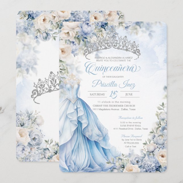 Convites Cinderella Blue Princess Fairytale Quinceañera (Frente/Verso)