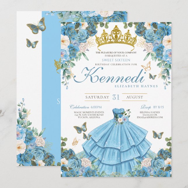 Convites Cinderella Blue Rosa Butterfly Princesa Sweet 16 (Frente/Verso)