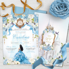Convites Cinderella Blue Rosa Luxury Princesa Quinceanera