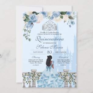 Convites Cinderella Blue Rosa Silver Princess Quinceañera