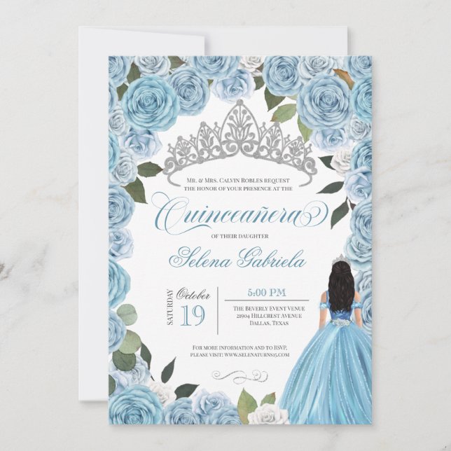 Convites Cinderella Princess Ball Blue Rosas V2 Quinceanera (Frente)