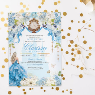 Convites Cinderella Princess Light Blue e Dourado Sweet 16
