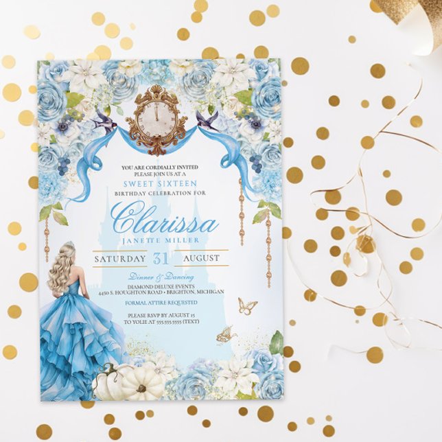Convites Cinderella Princess Light Blue e Dourado Sweet 16 (Criador carregado)