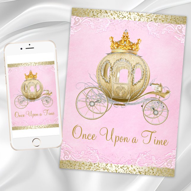 Convites Cinderella Rosa Era Uma Vez Princesa Aniversário (Pink gold princess birthday party invitation with gold carriage on pink gold back. Any event.)