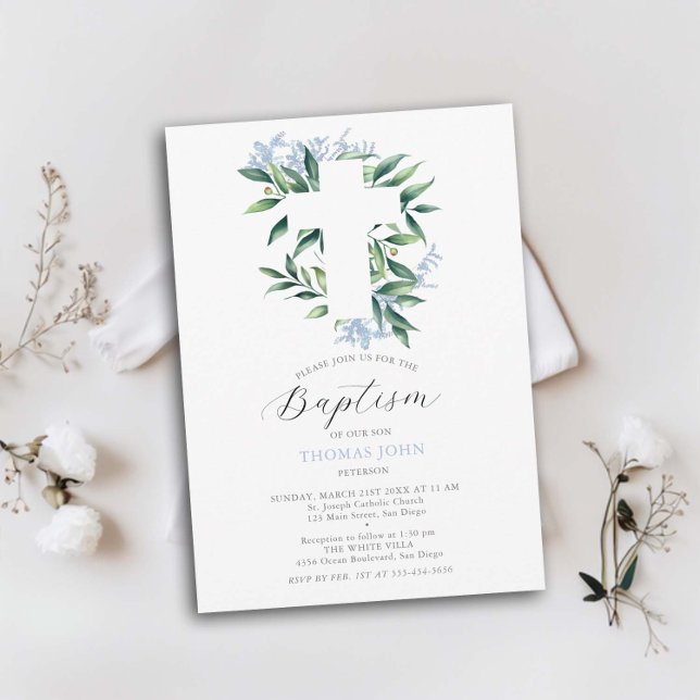 Convites Cinegrafista Azul Cruz Azul Botânica Batismo (baby boy baptism invitation greenery white cross foliage watercolor elegant simple classic modern)